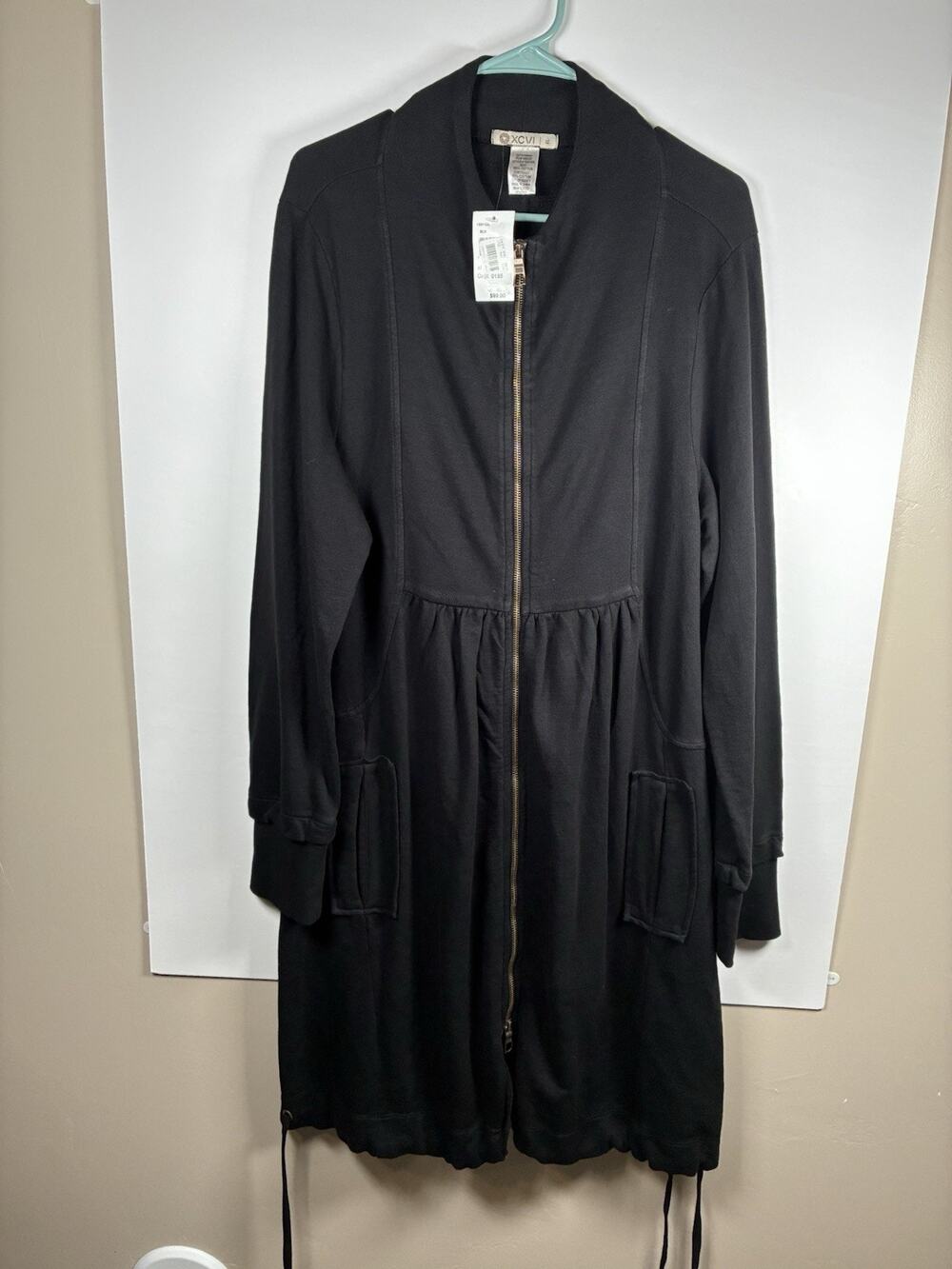 XCVI XL NWT Black Cotton Funnel Neck Long Coat Zip Jacket Drawstring Utility